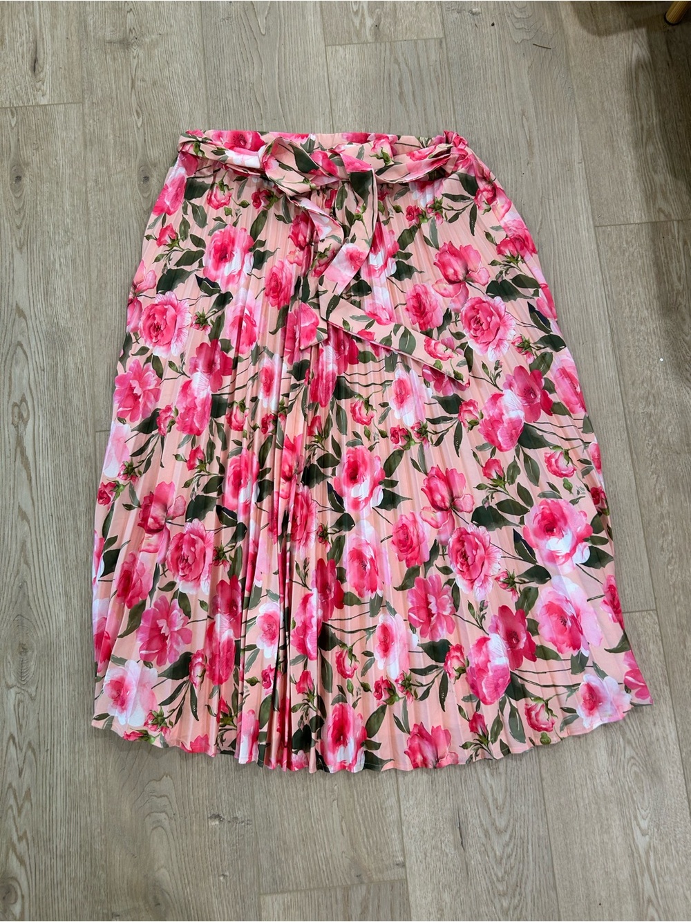 Pink Floral Pleated Midi Skirt